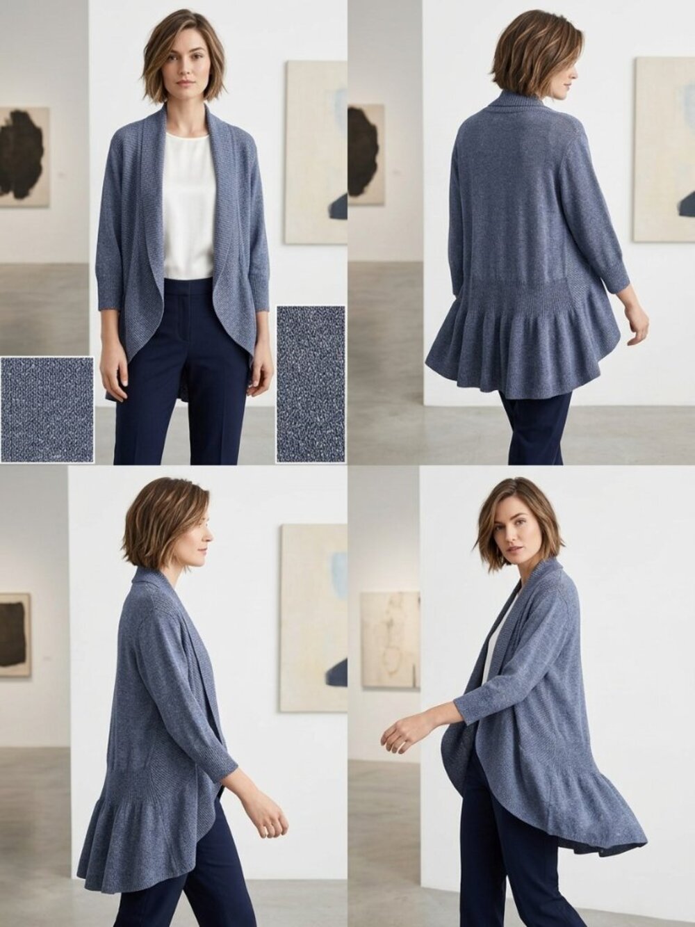 Eileen Fisher Linen Ribbed Cord Sheen Shawl Collar Iris Blue Open Cardigan 2X